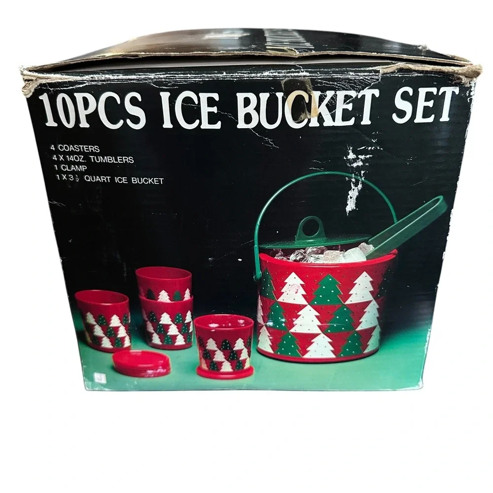 Giraffe MCM Christmas Bar Ware Ice Bucket With Tong Red Christmas Trees‎ Vintage